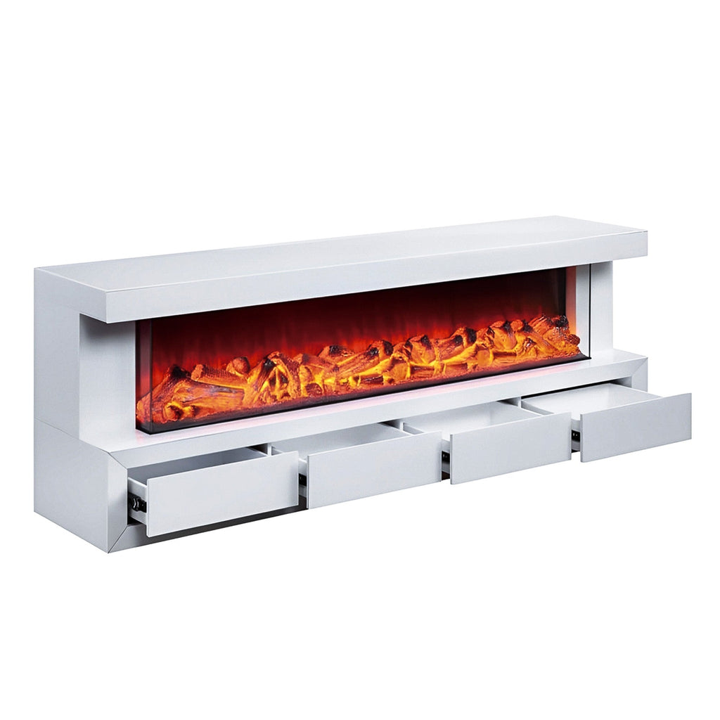 White electric fireplace with glowing flames on a white background