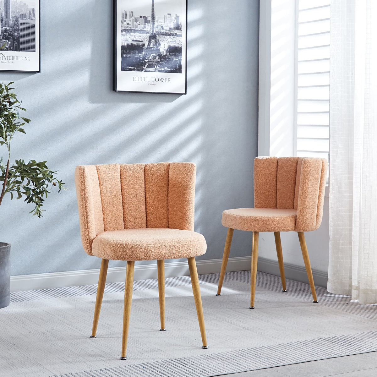 Modern Beige Dining Chairs - Iron Tube Wood-Color Legs, Shorthair Cushions 2pCS/CTN
