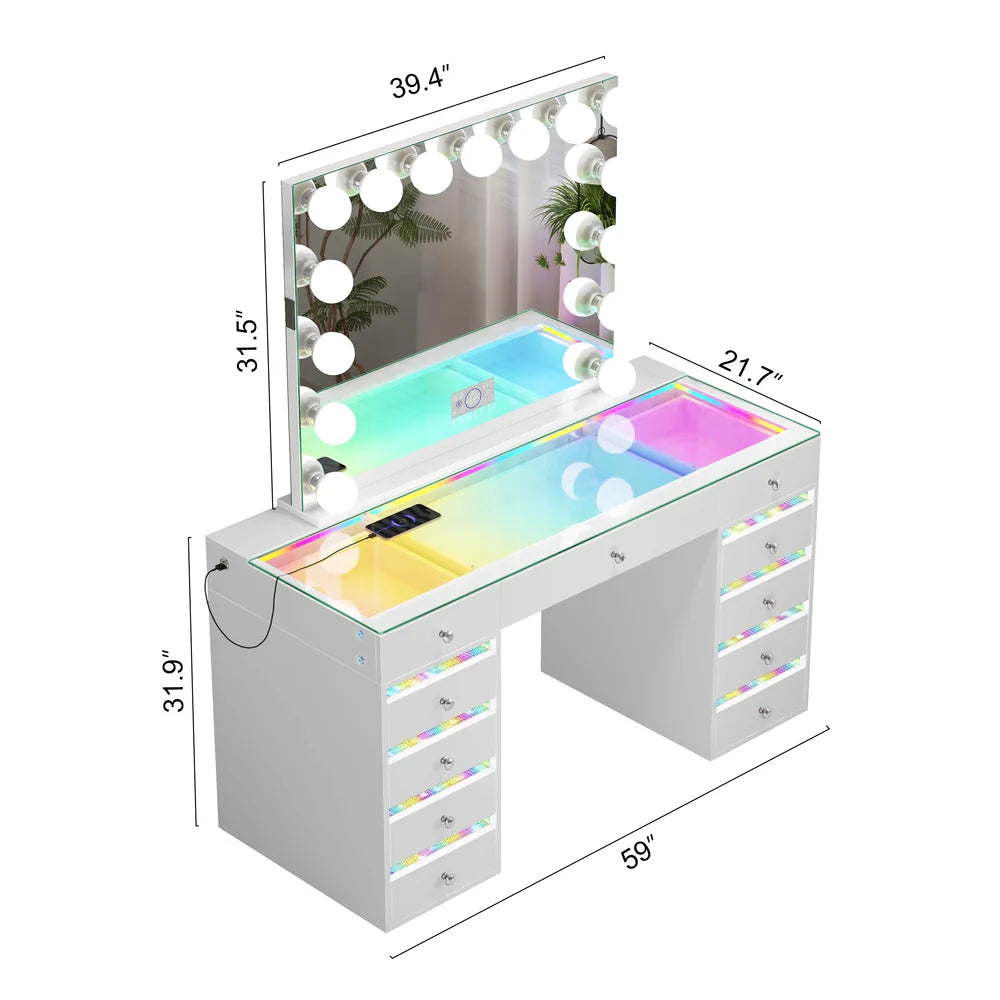 Vanity table with mirror and dimensions on a white background