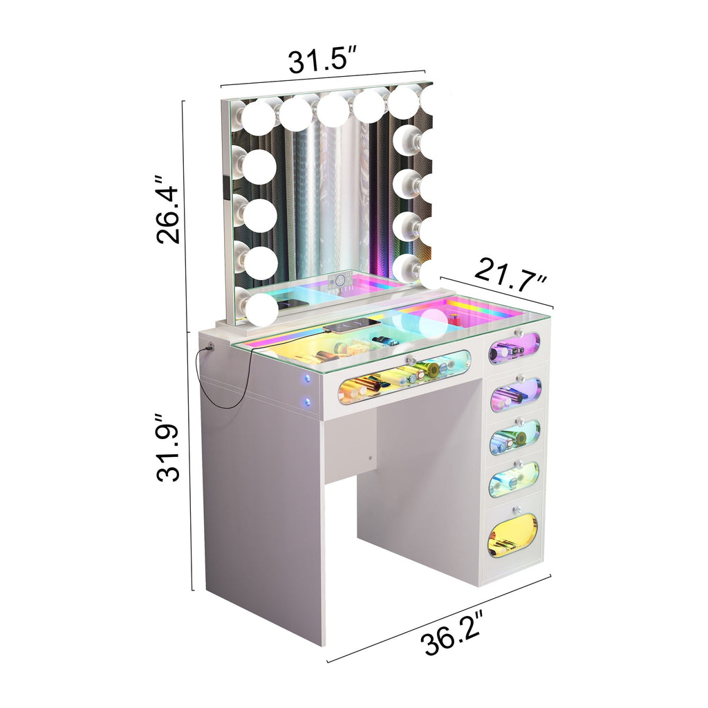 VANITII 6 Glass Fronted Drawers Vanity Desk with Marilyn Vanity Mirror