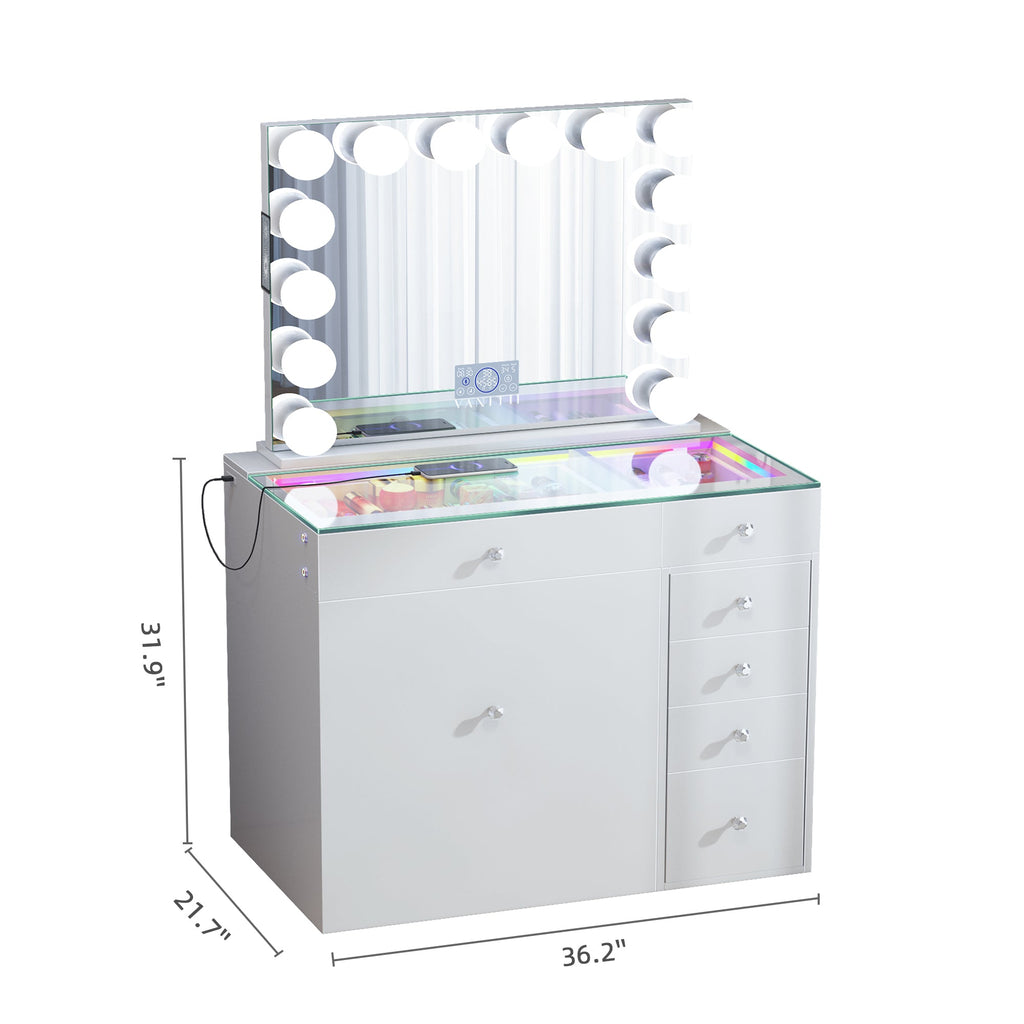 VANITII Mini Diana Vanity Desk and Marilyn Mirror with Soft Hidden Stool
