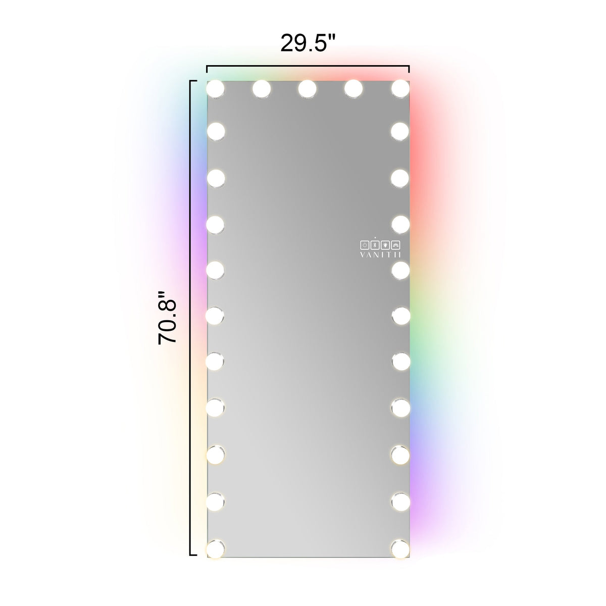 Vanitii full length Hollywood vanity mirror with LED bulbs and Bluetooth speaker showing 29.5 by 70.8 inch dimensions
