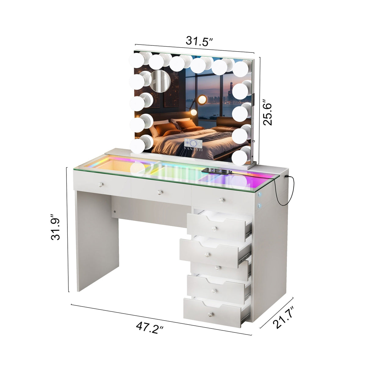 VANITII Diana 8 Drawers Vanity Desk Set with RGB and Full Light