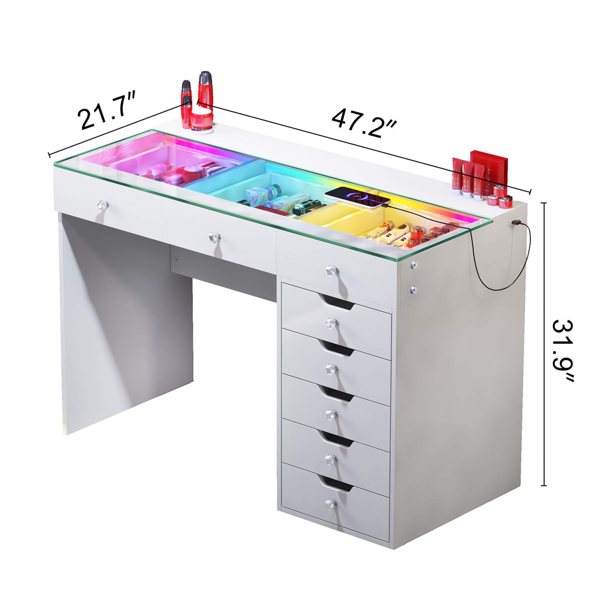 VANITII Diana Vanity Desk Pro with 8 drawers and glass top showing dimensions 47.2 inches by 21.7 inches by 31.9 inches