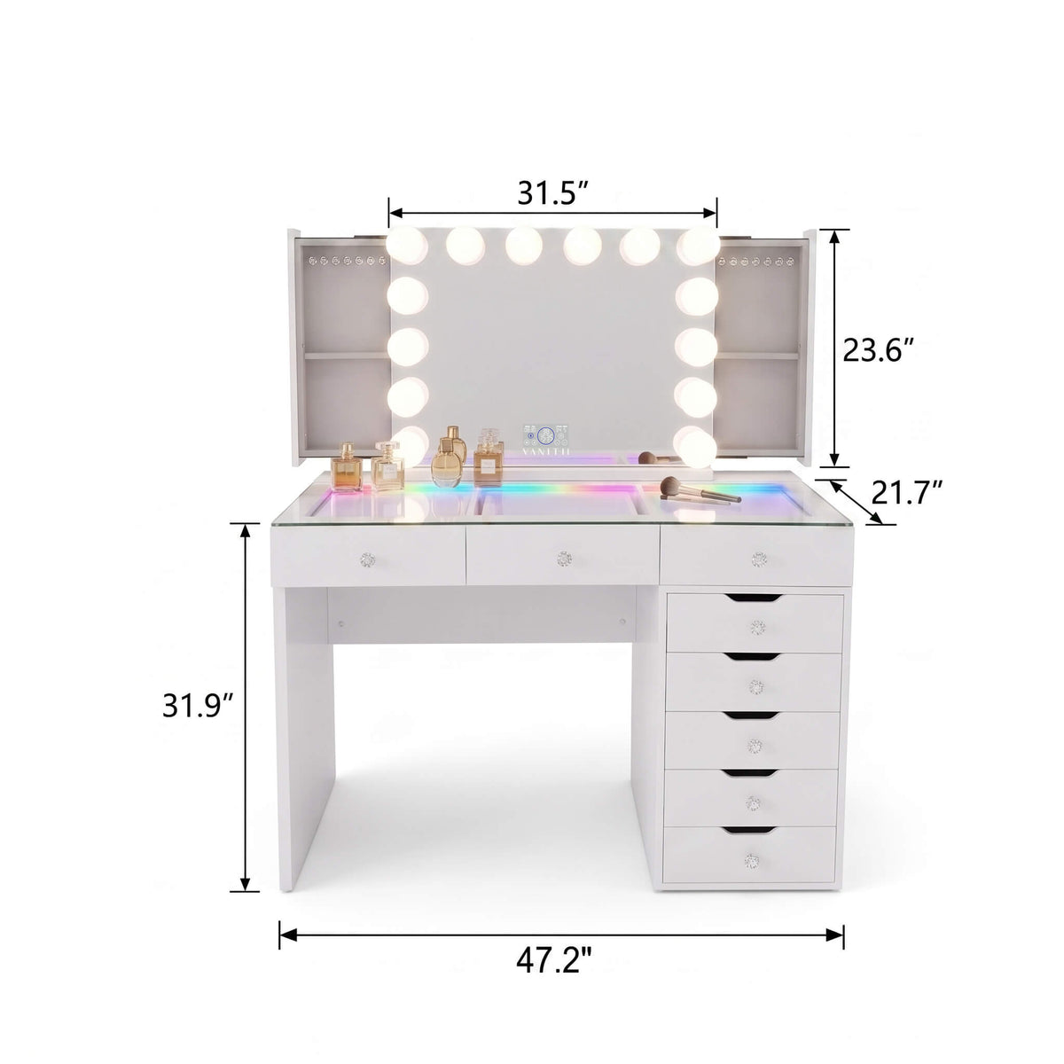 VANITII Diana 8 Storage Drawers Vanity Desk Set -Mirror with Jewelry Organizer