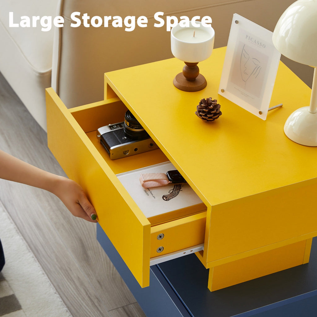 Modern Nightstand End Side Table with Large Storage Space Bedside Table for Bedroom Living Room and Playroom (Yellow+Blue)