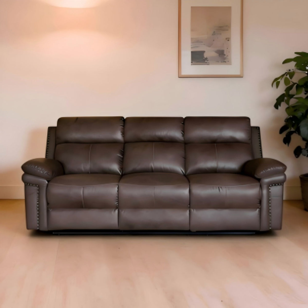 Brown leather sofa in a room with a light wall and a plant.