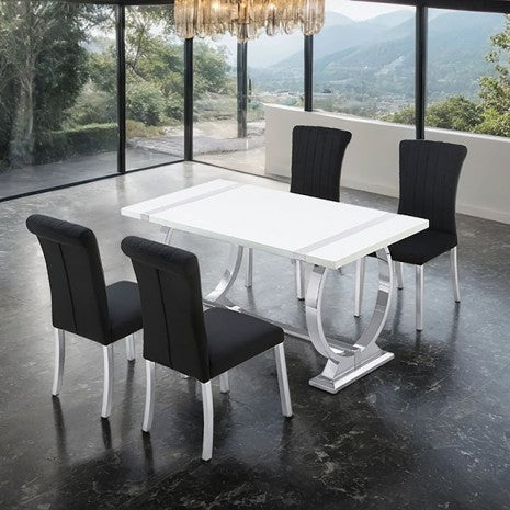 Elegant silver trim dining set in home with nature background.