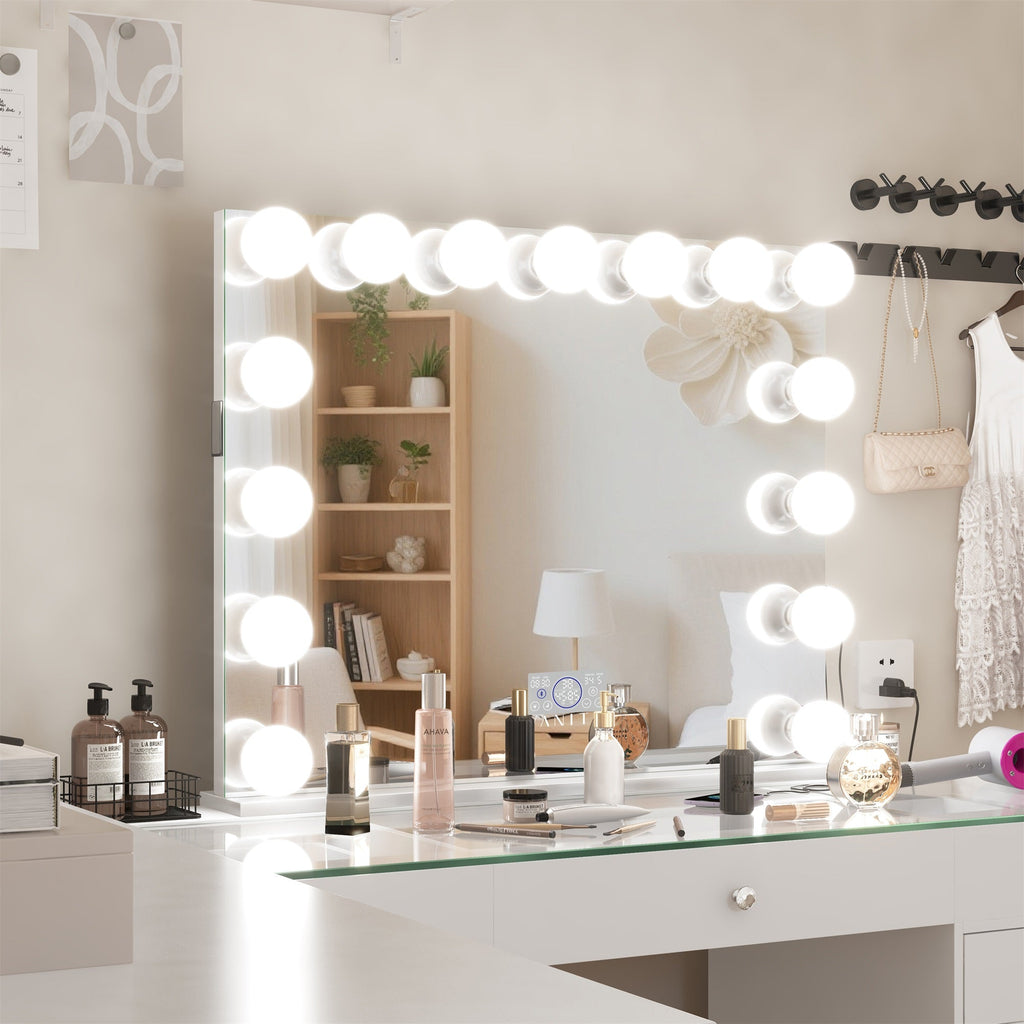 Vanitii Marilyn Hollywood vanity mirror with 15 glowing LED bulbs on a white desk with beauty products