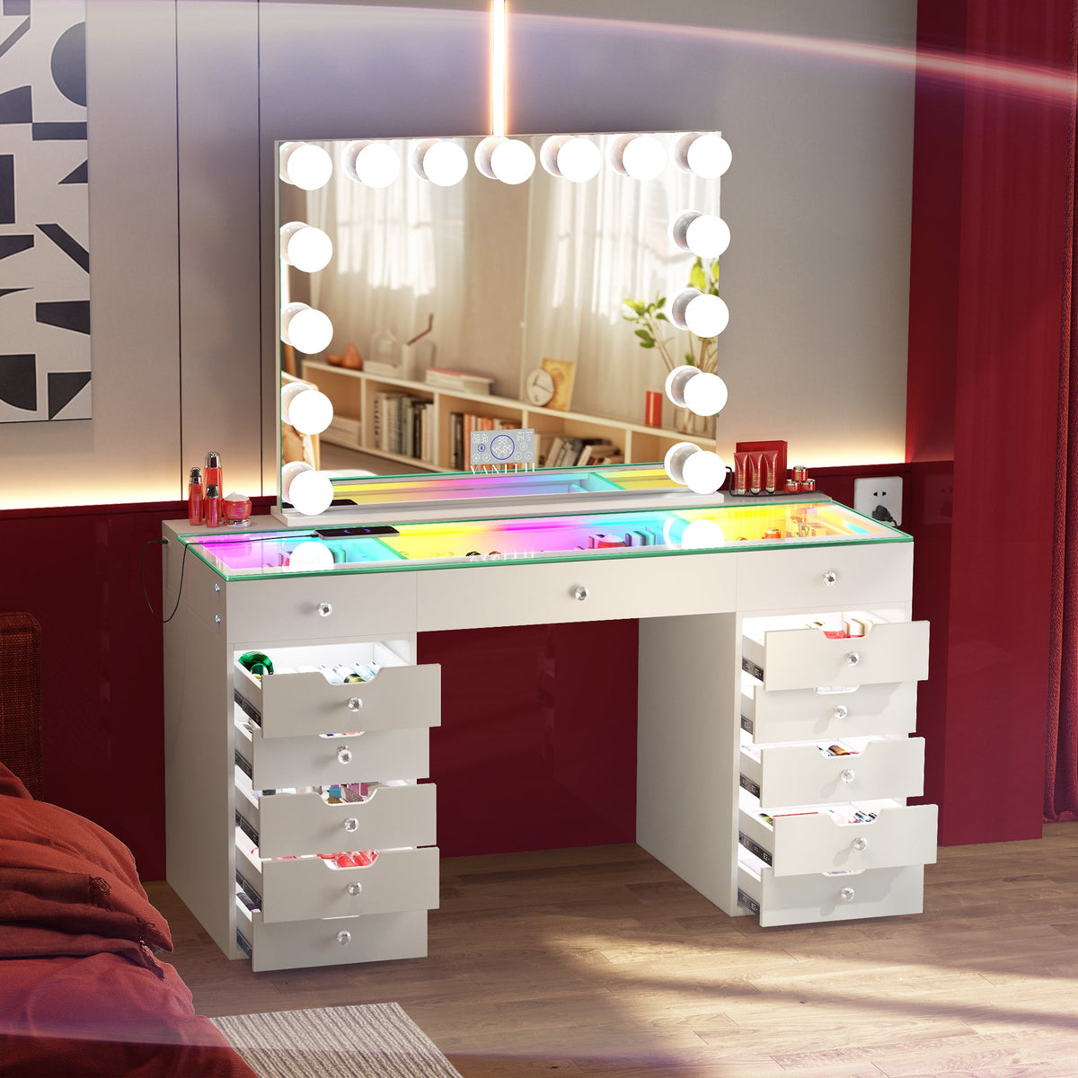 VANITII Eva-RGB Vanity Desk Set 13 Storage Drawers & 15 Bulbs Light Mirror