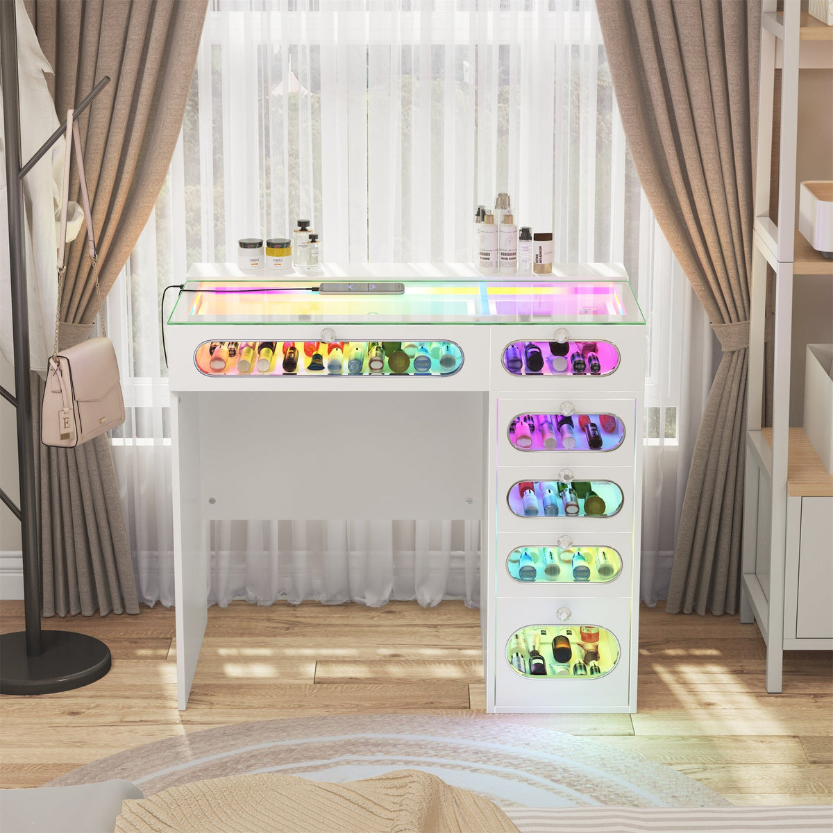 VANITII 6 Glass Fronted Drawers Vanity Desk