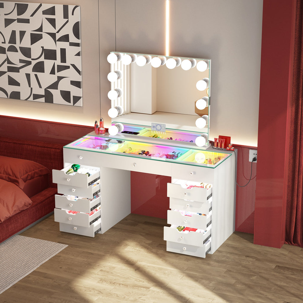 Vanitii Eva vanity desk with thirteen storage drawers and RGB light mirror