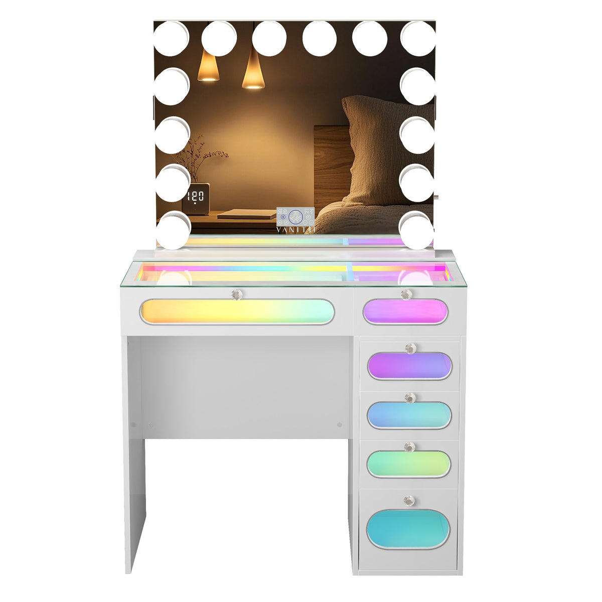 VANITII 6 Glass Fronted Drawers Vanity Desk with Marilyn Vanity Mirror
