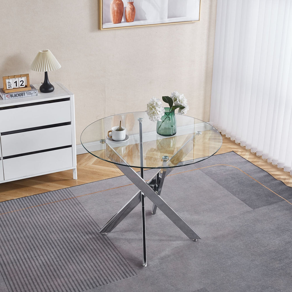 Modern Round Glass Dining Table - Chrome And Black Cross Legs