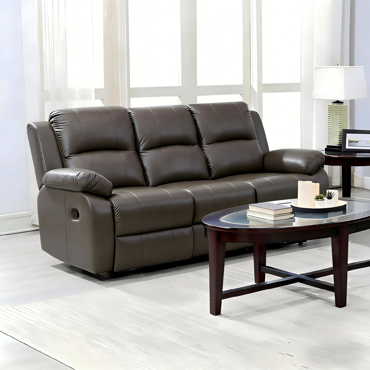 Lume Power Recliner 3-Seater Sofa in Ivory Faux Leather with Hidden Cupholders