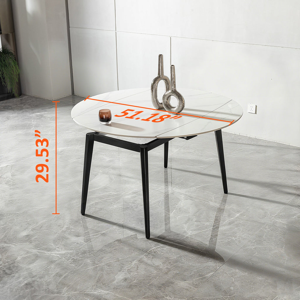 Glass dining table with measurements on a tiled floor