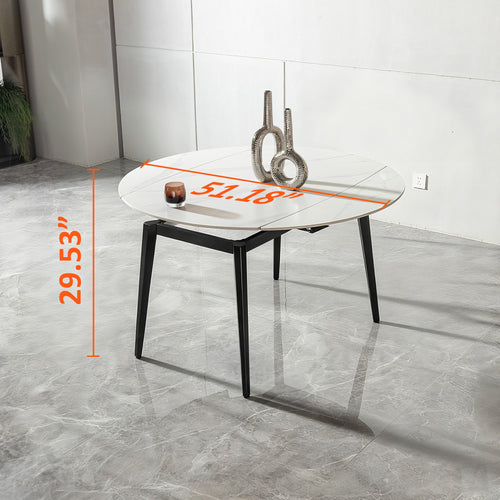 Glass dining table with measurements on a tiled floor