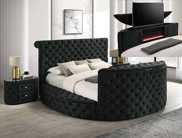 Black tufted bed in a modern bedroom setting with a nightstand and TV stand.