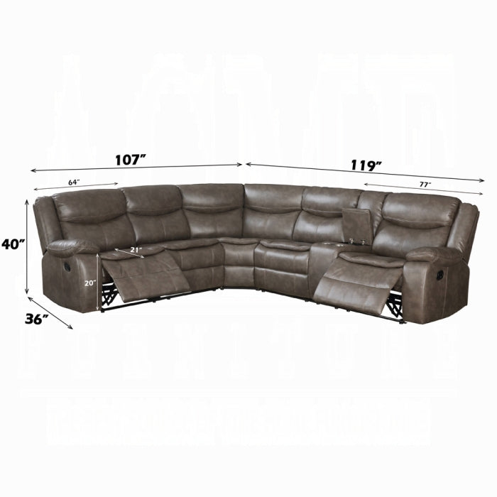 Brown sectional sofa with dimensions on a white background