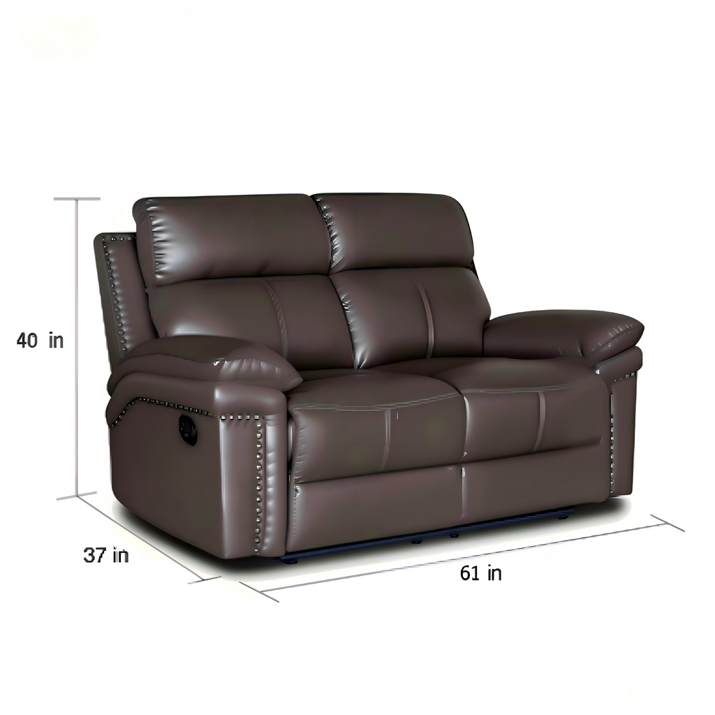 Brown leather sofa with dimensions labeled on a white background