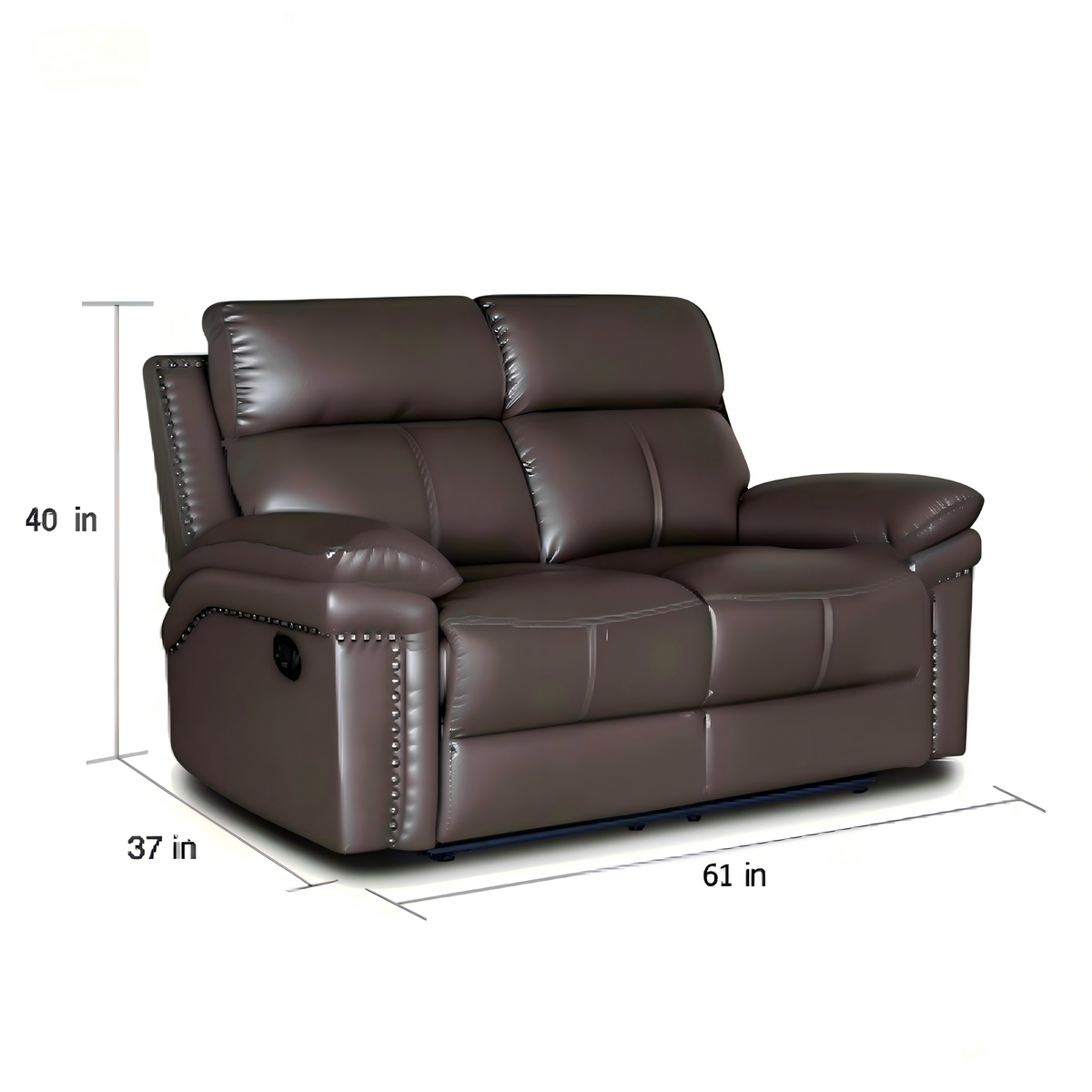 Brown leather sofa with dimensions labeled on a white background