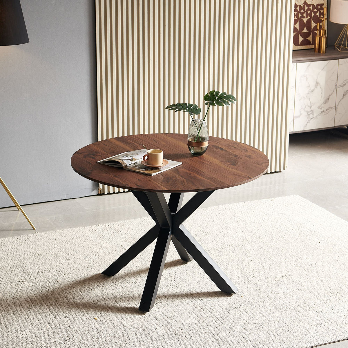 42.1'' Wood Color Mid-Century Dining Table (MDF Round Top, Cross Leg) – Seats 4-6,Dining Table