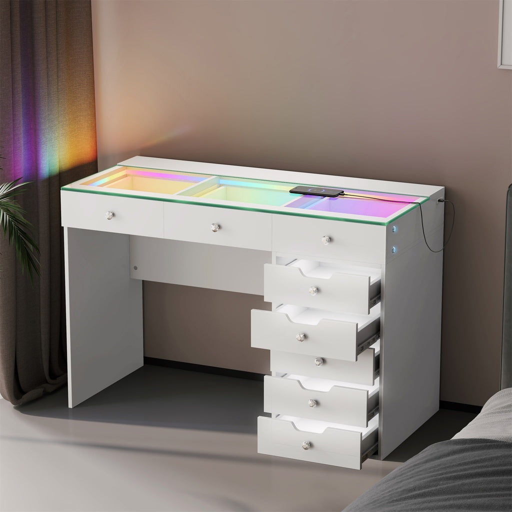 Vanitii Diana RGB vanity desk with glass top and eight storage drawers