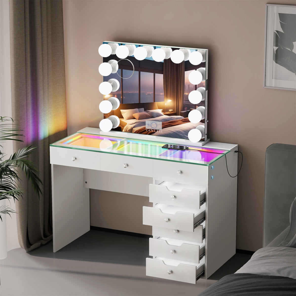 VANITII Diana 8 Drawers Vanity Desk Set with RGB and Full Light