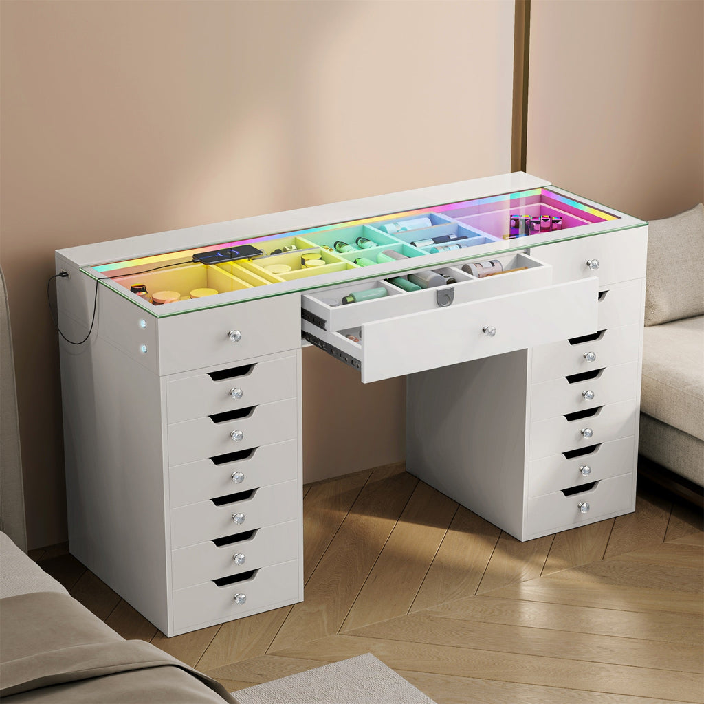 Vanitii Lisa Vanity Desk Pro with glass top and LED lighting featuring multiple drawers and internal storage organizers