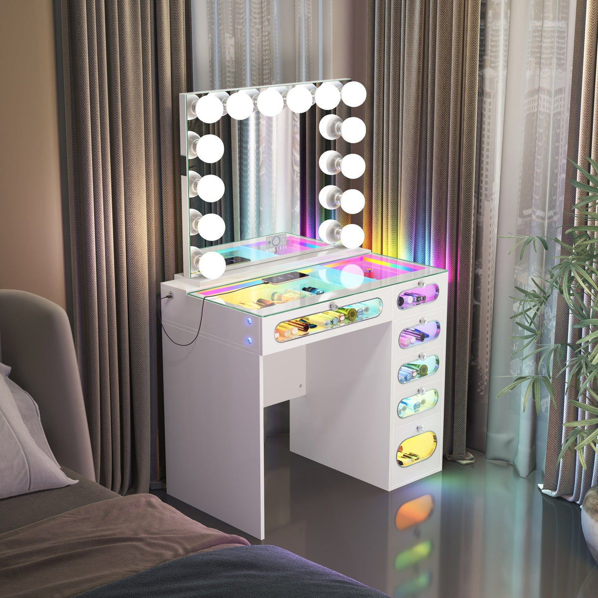 VANITII 6 Glass Fronted Drawers Vanity Desk with Marilyn Vanity Mirror