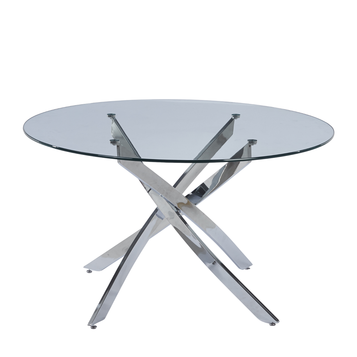 51.18" Round Dining Table, 10MM Clear Tempered Glass Top with Golden Crossed Metal Base, Easy to Clean