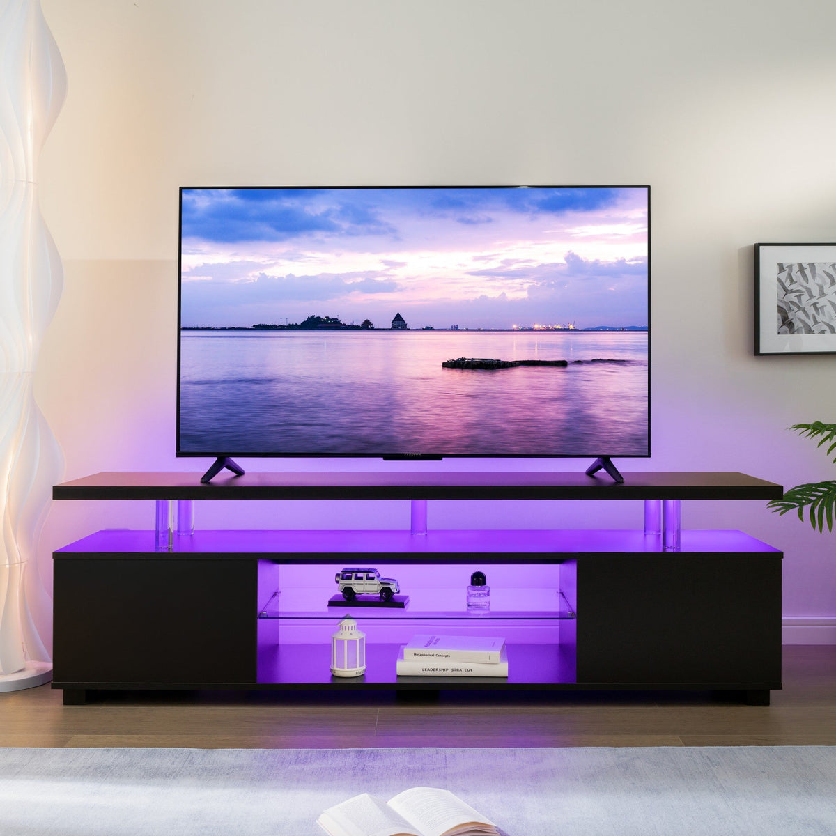 TV Stand LED Gaming Entertainment Center Media Storage Console Table with Large Side Cabinet for Living Room