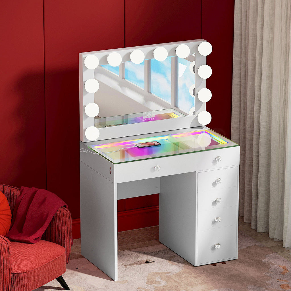 Vanitii Cindy vanity set with lighted mirror and glass top desk with drawers