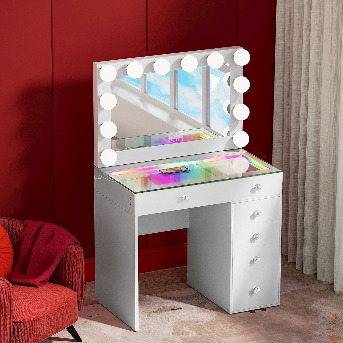 Vanitii Cindy vanity set with lighted mirror and glass top desk with drawers