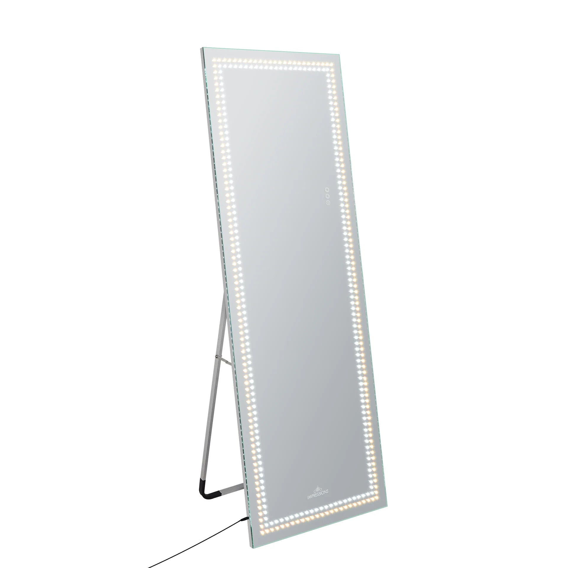 Full-length mirror with LED lights on a white background