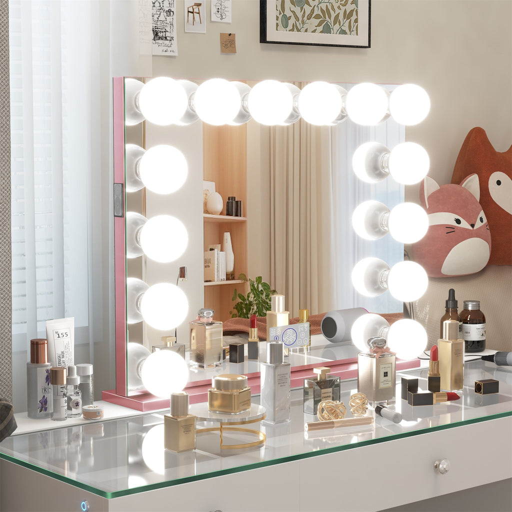 Vanitii Marilyn Hollywood vanity mirror with 14 dimmable LED bulbs on a glass desk with beauty products