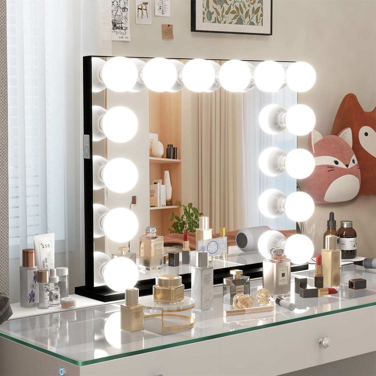 Vanitii Marilyn Hollywood vanity mirror with 14 dimmable LED bulbs on a glass desk with beauty products