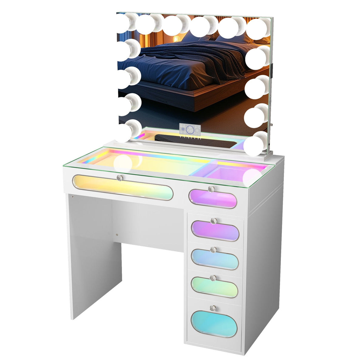 VANITII 6 Glass Fronted Drawers Vanity Desk with Marilyn Vanity Mirror