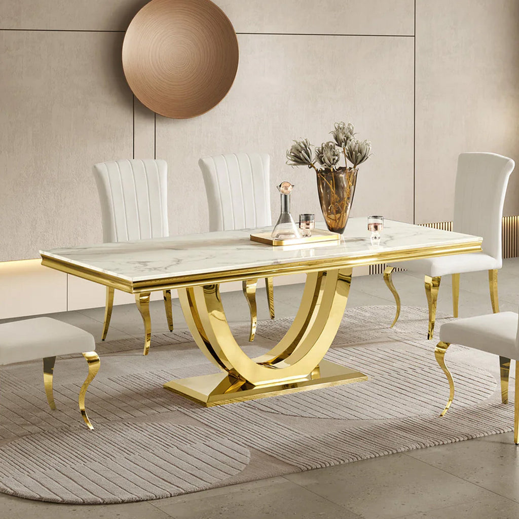 Modern  Dining Table with  Marble Top & 201 Stainless Steel U-Base, Luxury 6-8 Seater Kitchen Table, Gold/Silver Mirror Finish