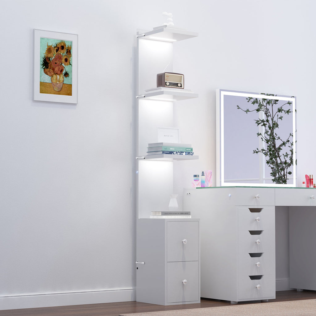Vanitii white display shelves with integrated LED lighting next to a vanity desk