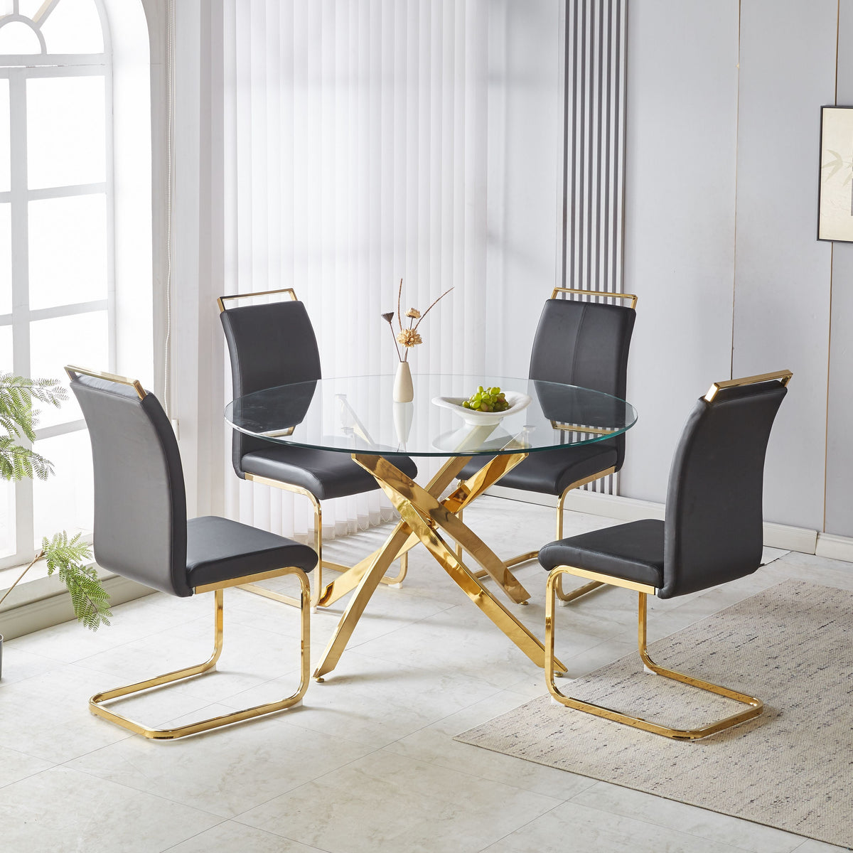 51.18" Round Dining Table, 10MM Clear Tempered Glass Top with Golden Crossed Metal Base, Easy to Clean