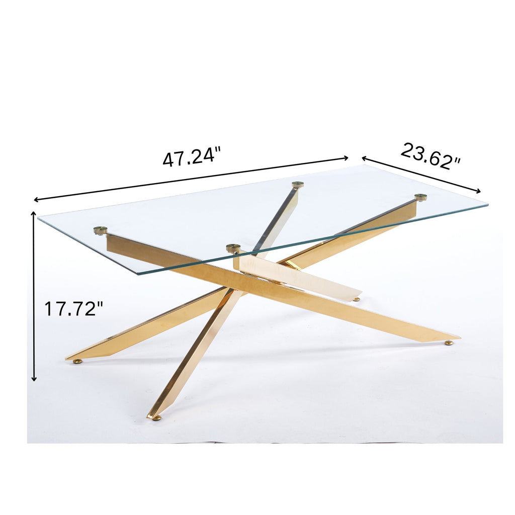 51.18" Modern Coffee Table, 8MM Clear Tempered Glass Top with Golden Crossed Metal Base, Easy to Clean
