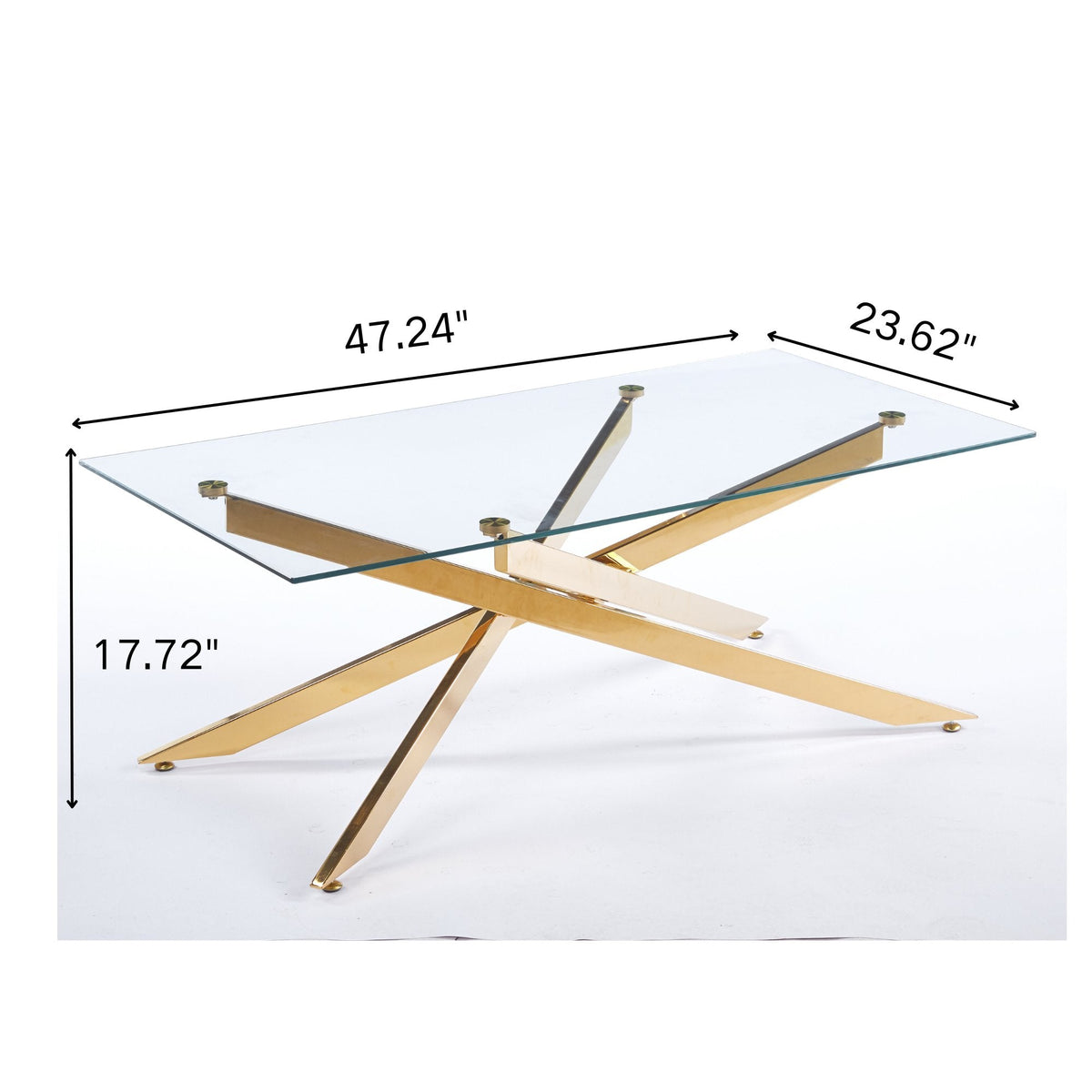 51.18" Modern Coffee Table, 8MM Clear Tempered Glass Top with Golden Crossed Metal Base, Easy to Clean