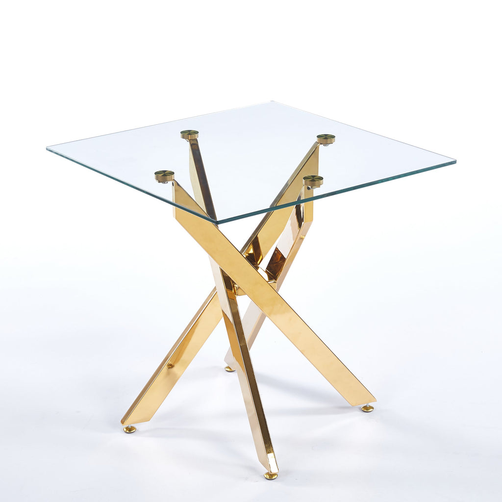 23.62" Modern End Table, 8MM Clear Tempered Glass Top with Golden Crossed Metal Base, Easy to Clean