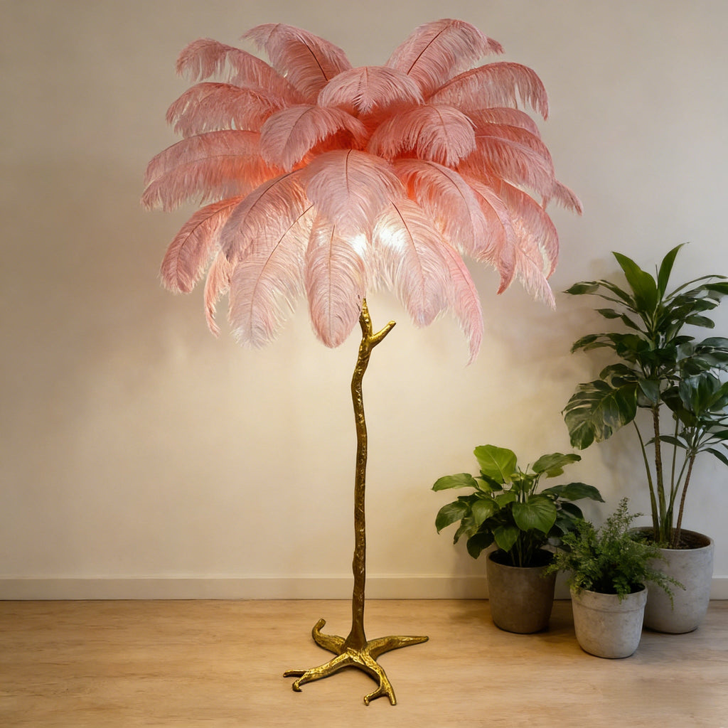 Ostrich Feather Floor Lamp | Golden 4-Light Branch pink