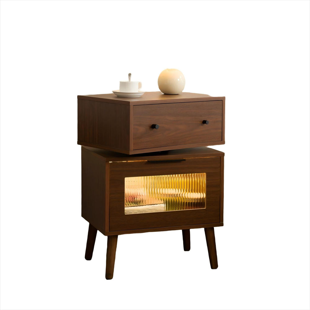 LED Nightstand Modern Nightstands with 360° Rotating Drawer LED Bedside Table with Glass Door Storage Mid Century Bedside Tables