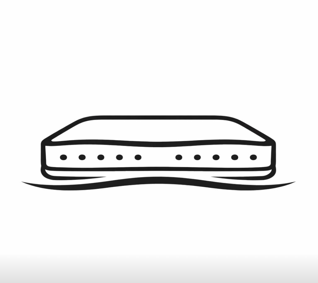 Black line drawing of a rectangular object  mattress with circular elements on a white background