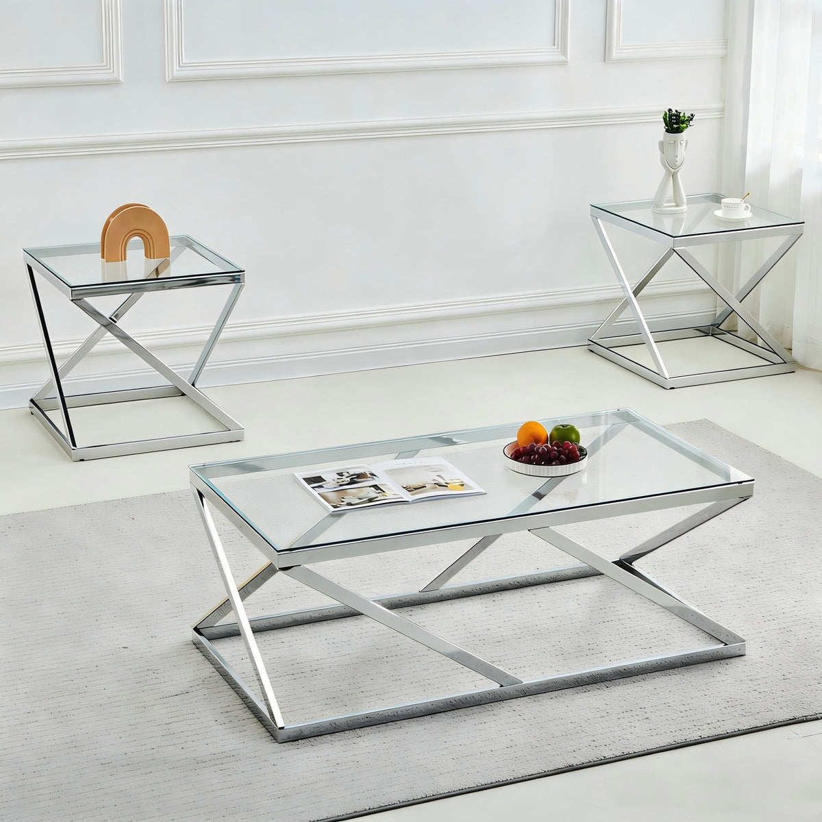 3-Piece Coffee Table Set In Chrome Finish