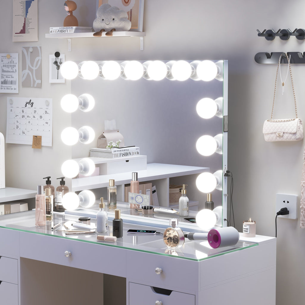 Vanitii Marilyn Hollywood vanity mirror with 15 dimmable LED bulbs on a white desk with beauty products