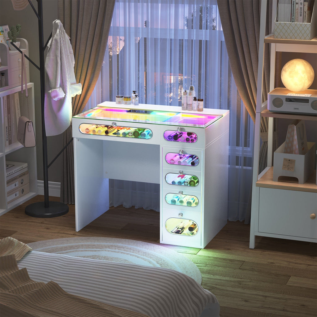 VANITII 6 Glass Fronted Drawers Vanity Desk